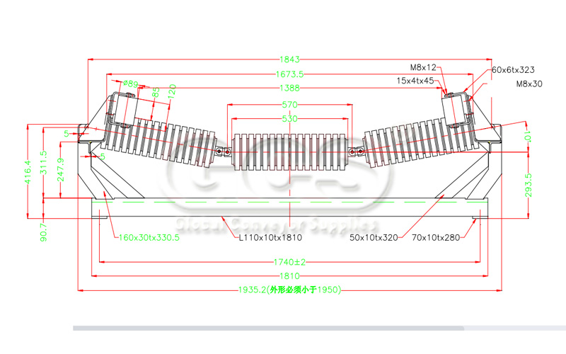 Trough roller ine rubber impact roller